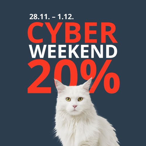 Weiße langhaarige Katze vor dunkelblauem Hintergrund mit auffälligem rot-weißem Schriftzug „CYBER WEEKEND 20 %” und den Daten 28.11.–1.12.
