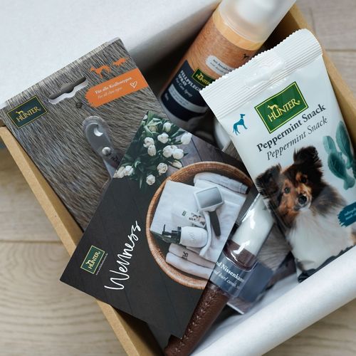 Eine Box mit verschiedenen Tierpflegeprodukten, darunter Pfefferminz-Snacks, Pflegeutensilien und Wellness-Artikel, übersichtlich angeordnet.