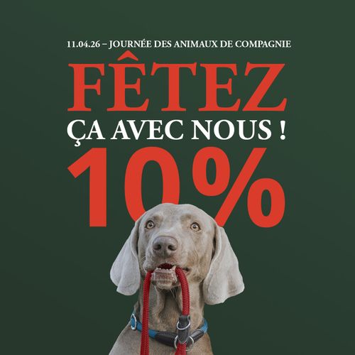 Un chien tenant une laisse sur fond vert, avec un texte annonçant « 10 % de réduction » pour la Journée des animaux de compagnie le 11 avril 2026, en allemand.