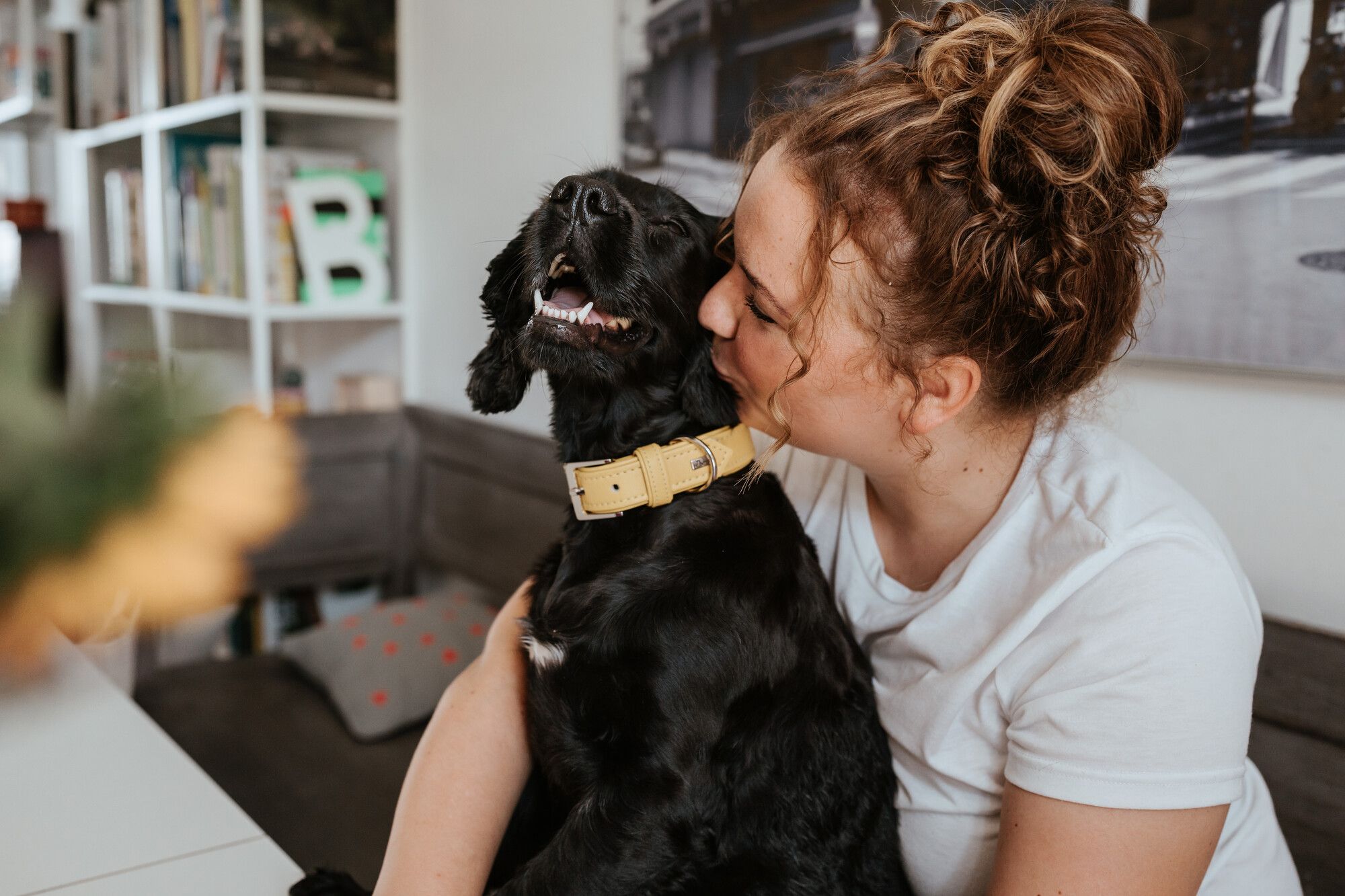 Eine Frau in einem weißen Hemd küsst liebevoll einen lächelnden schwarzen Hund mit einem gelben Halsband in einem gemütlichen Wohnzimmer.