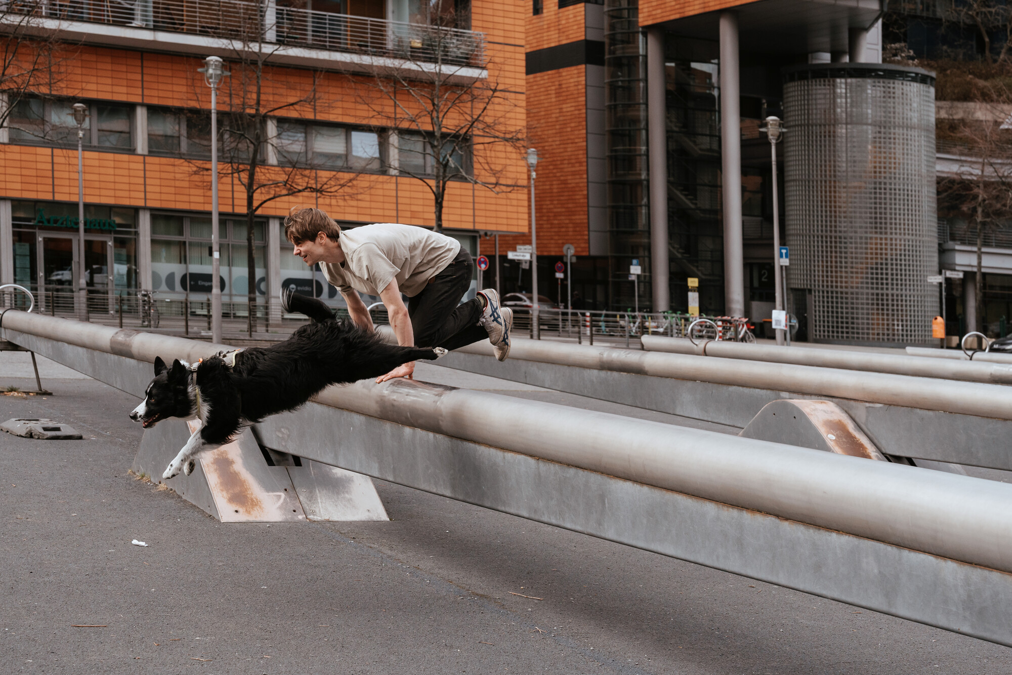 Mann und Hund springen in einer urbanen Umgebung über einen Metallbalken und zeigen dabei Agilität und Koordination.