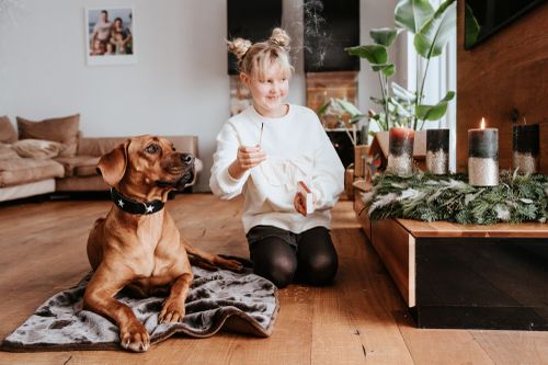Ein Kind kniet auf dem Boden und hält ein Streichholz in der Nähe eines verzierten Kerzenkranzes, während ein brauner Hund auf einer Decke liegt.