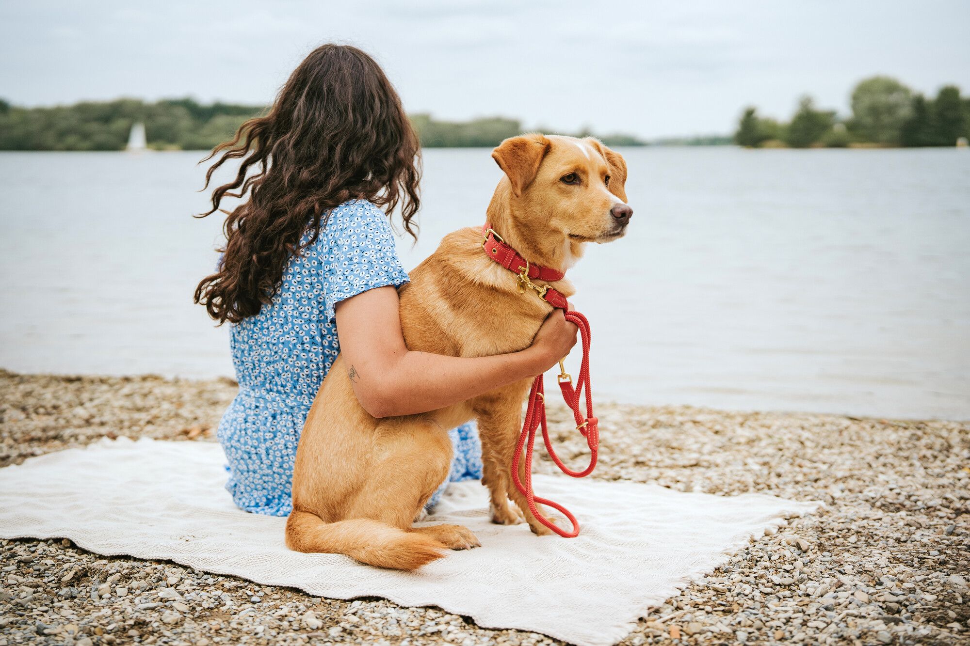 Eine Frau mit langen Locken in einem blauen Kleid sitzt am Ufer eines Sees und hält einen Hund im Arm, während beide auf das Wasser blicken.