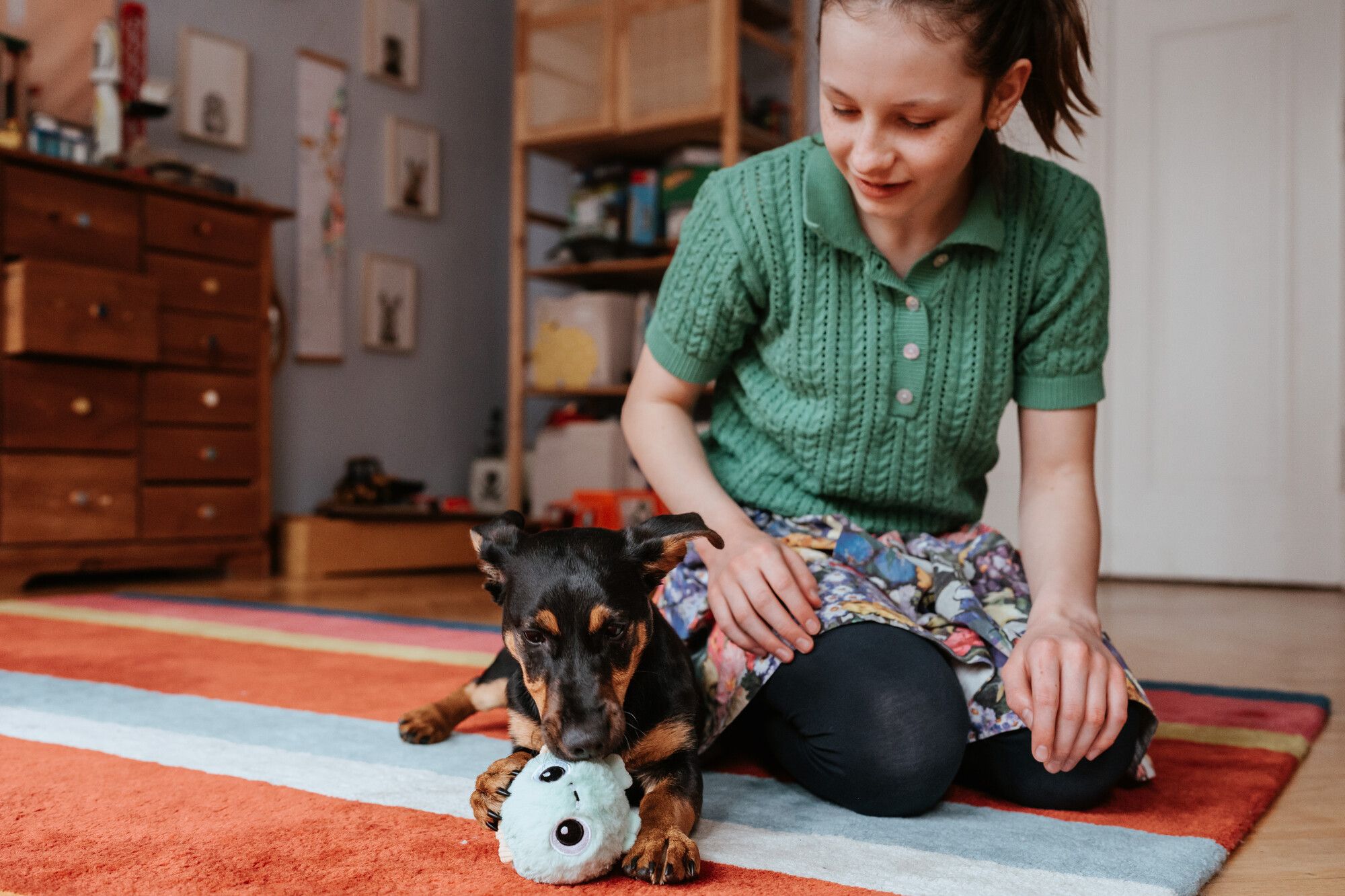 Eine junge Frau in einem grünen Pullover kniet auf einem bunten Teppich und beobachtet, wie ein kleiner Hund in einem gemütlichen Zimmer mit einem Spielzeug spielt.