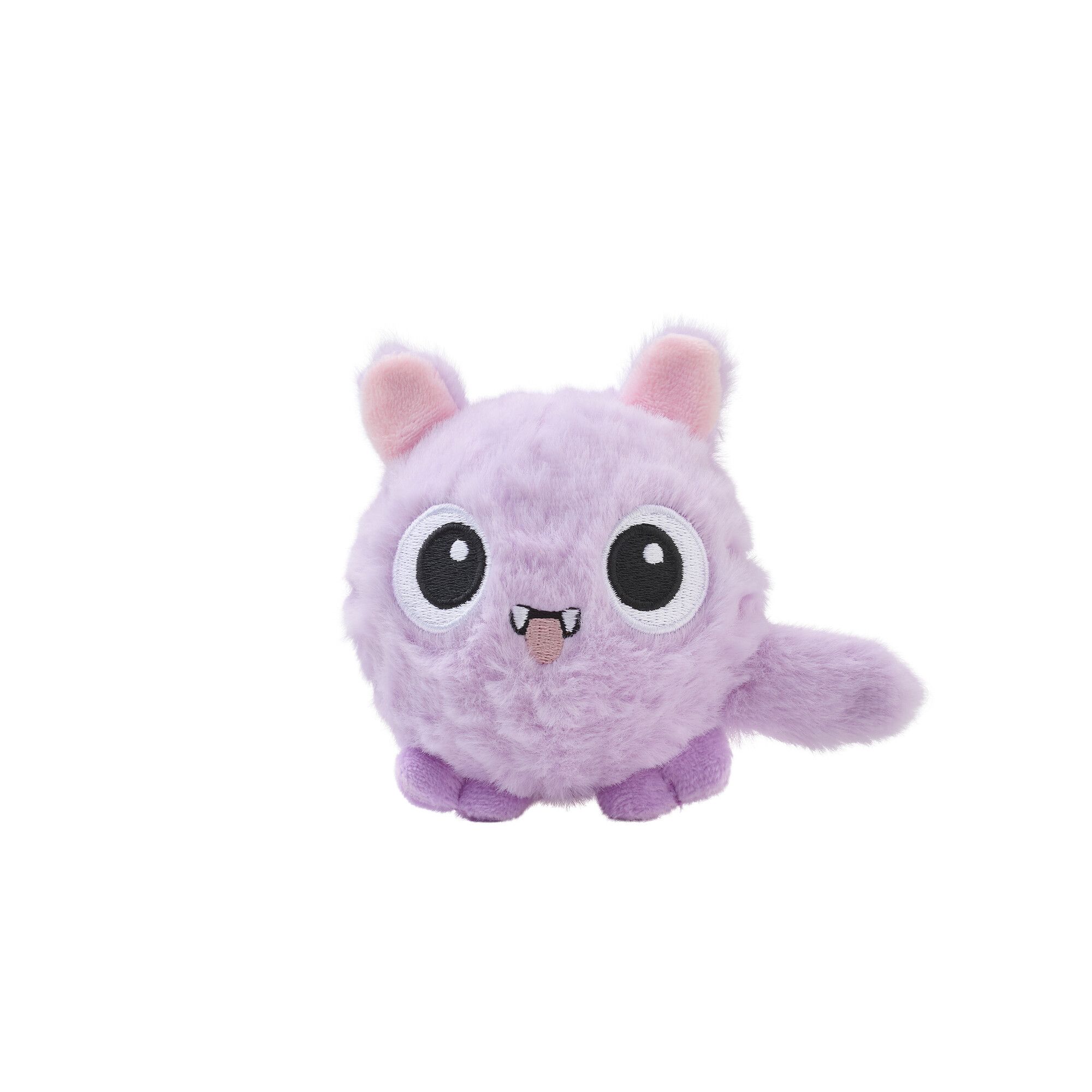 Ein kleines, rundes, flauschiges, lila Plüschtier mit großen Augen, winzigen Ohren, Reißzähnen und einem niedlichen Schwanz, das einer Zeichentrickfigur ähnelt.