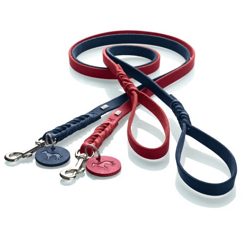 Zwei Leder-Hundeleinen, eine rote und eine blaue, mit Metallclips und passenden runden Anhängern mit Hundesilhouetten.