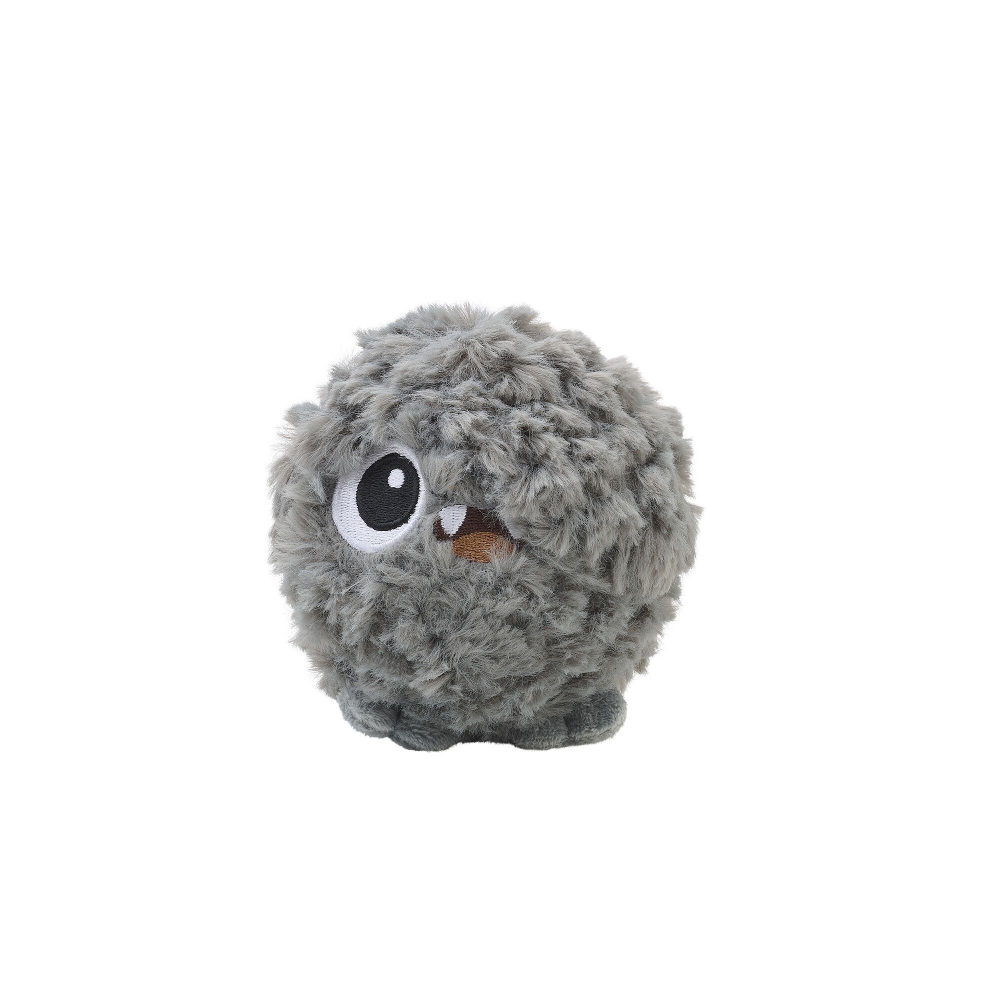 Ein flauschiger, grauer Plüschball mit einem großen Auge und einem kleinen Lächeln.