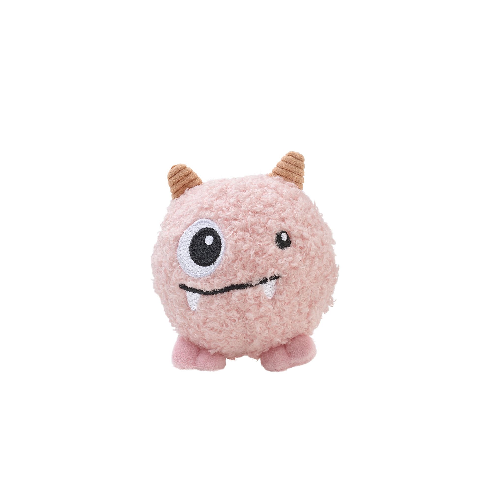 Ein süßes, rosa, flauschiges Monster-Stofftier mit einem großen Auge, kleinen Hörnern und winzigen Füßen.
