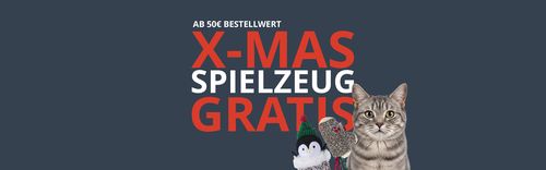 Dunkelblaues Banner mit der Aufschrift „X-MAS SPIELZEUG GRATIS” in Rot und Weiß, mit einer getigerten Katze neben einem Plüschpinguin und einem kleinen Spielzeug.