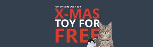 Dark blue banner with the words ‘X-MAS TOY FREE’ in red and white, with a tabby cat next to a stuffed penguin and a small toy.