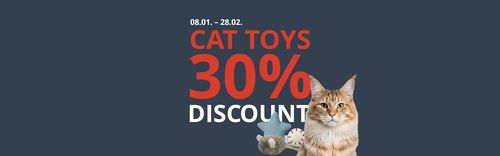 Cat with a toy, text: ‘Toys 30% off’ and date ‘01/08 – 02/28’ on a dark blue background.