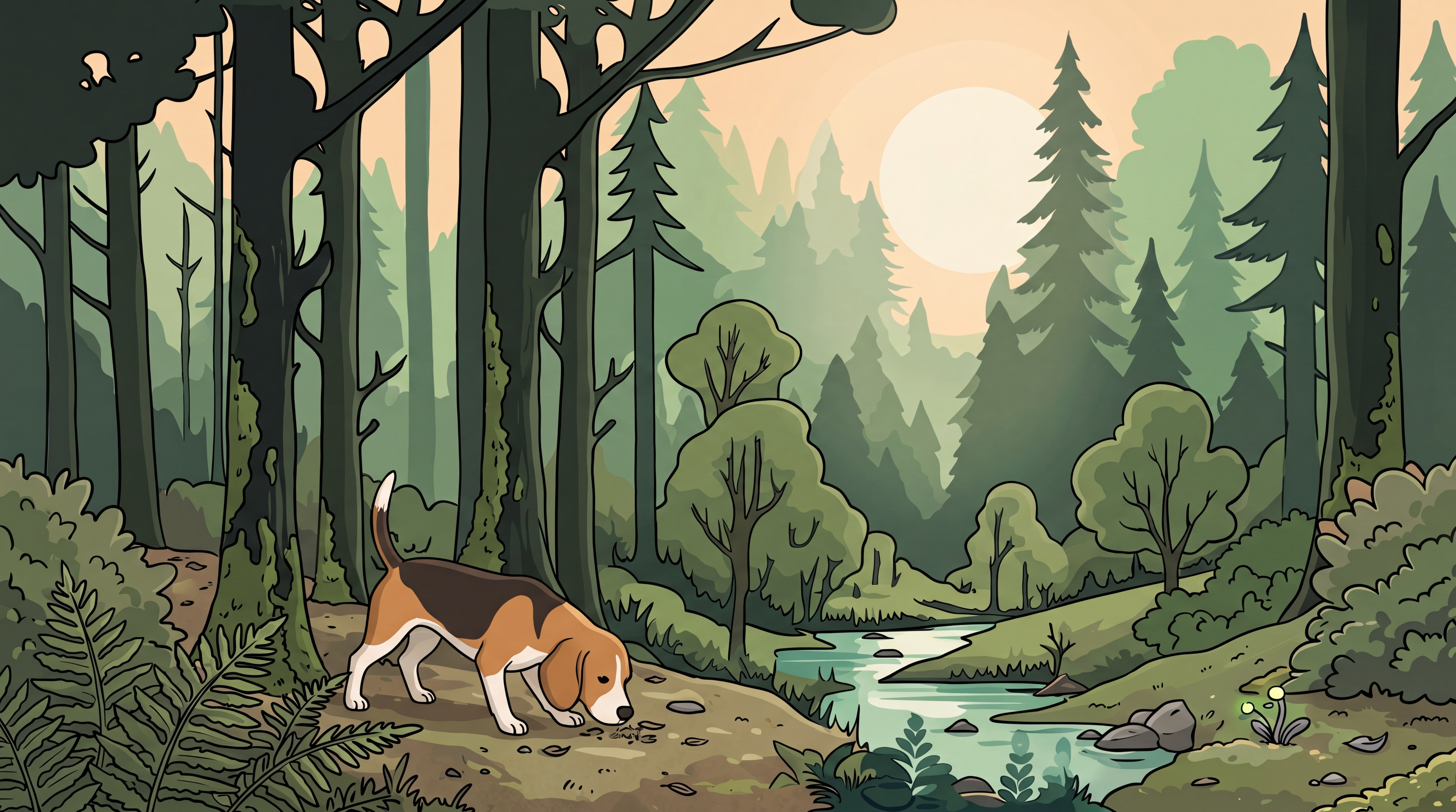 Ein Beagle schnüffelt in einem ruhigen Wald mit hohen Bäumen und einem sanft plätschernden Bach unter einem sonnendurchfluteten Himmel am Boden herum.