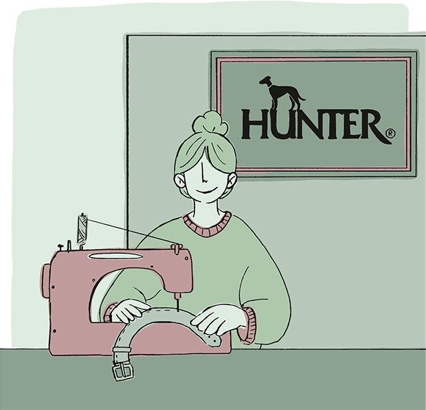 Illustration einer Person, die mit einer rosa Nähmaschine ein Hundehalsband näht, unter einem Schild mit der Aufschrift „HUNTER“ und einer Hundesilhouette.