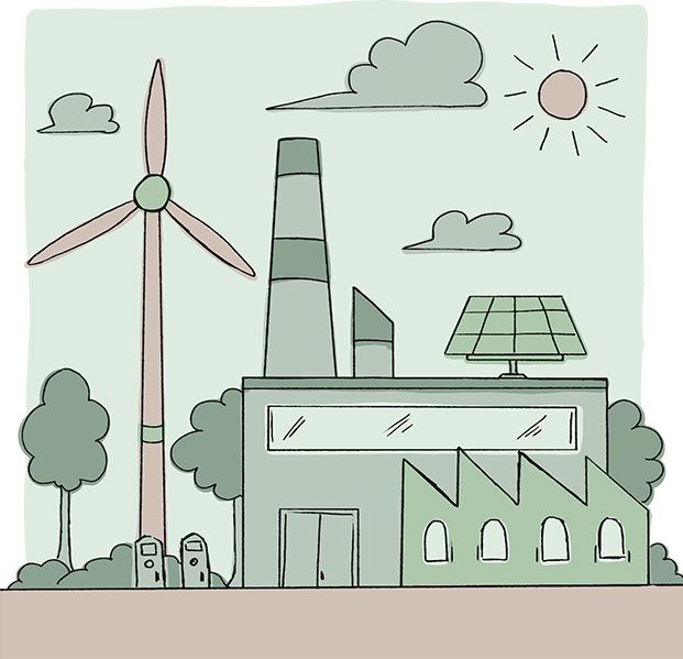 Illustration einer Anlage mit einer Windkraftanlage, einem Solarpanel und Bäumen unter einem sonnigen Himmel mit Wolken.