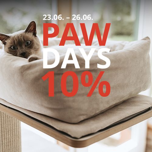 Aktionsbild mit rot weißer Schrift "23.06. - 26.06. PAW DAYS 10%". Im Hintergrund eine Katze, die es sich in einem weichen Tierbett gemütlich macht.