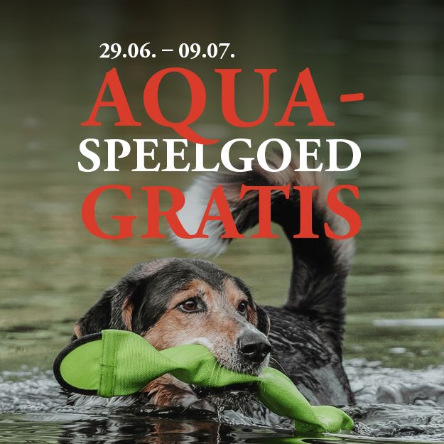 Hond die zwemt met een groen speeltje, met daaroverheen de tekst: „29.06. – 09.07. AQUA SPEELGOED GRATIS” in rode en witte letters.