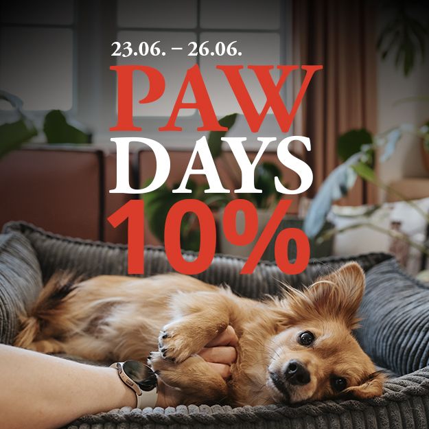 Aktionsbild mit rot-weißer Schrift "23.06. - 26.06. PAW DAYS 10%". Zudem ist ein kleiner wuscheliger Hund in einem Hundebett zu sehen.
