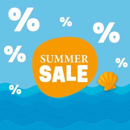 Orangefarbener Text „Sommer-Sale“ auf blauem Hintergrund mit weißen Prozentzeichen und einer gelben Muschel.