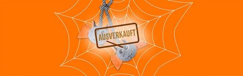 Zwei Fledermäuse auf einem Netz mit einem „AUSVERKAUFT”-Stempel vor orangefarbenem Hintergrund.