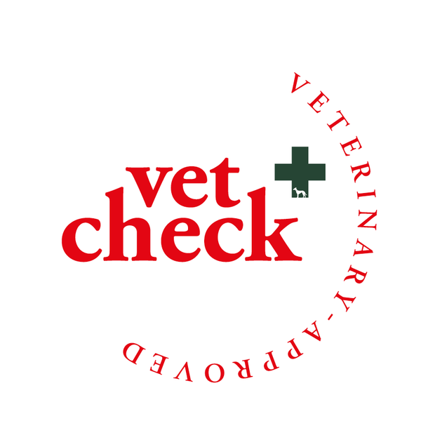 Rundes Logo mit „vet check“ in roter Schrift und einem grünen Kreuz. Eine kleine Tiersilhouette befindet sich im Kreuz. „VETERINARY APPROVED“ steht entlang des Randes.