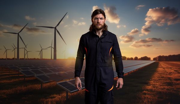 Electrician in Kibo coverall demonstrating Alsico’s protective clothing for electrification work.