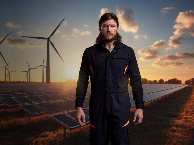 Electrician in Kibo coverall demonstrating Alsico’s protective clothing for electrification work.