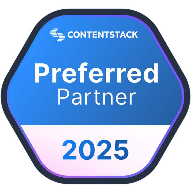 A blue and white achievement badge reading "CONTENTSTACK Preferred Partner 2025"