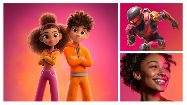 Animated siblings in colorful outfits stand back-to-back; futuristic armored figure and smiling woman in side panels, vibrant pink background.