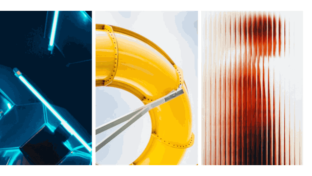 images of lights, a yellow slide and a human figure behind a glass