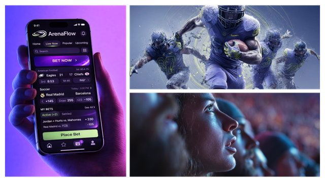 Mobile betting app interface and a football game scene with players in dynamic motion, alongside eager fans watching intently.