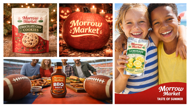 Collage featuring Market products: Halloween-themed pumpkin, chocolate chip cookies, BBQ sauce at a tailgate, and kids with lemonade.