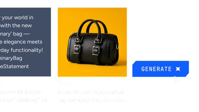 A black leather bag with buckles, set against a bright yellow background, with a "generate" button nearby.