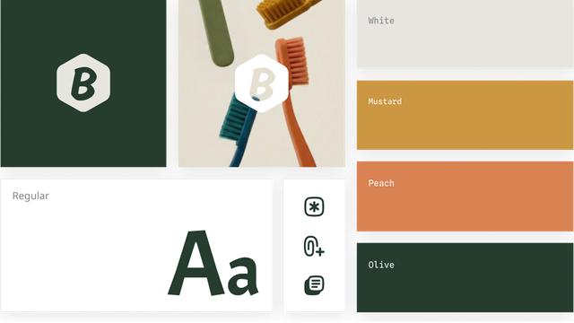 Brand design board featuring toothbrushes, a 'B' logo, color swatches in white, mustard, peach, olive, and bold typography.
