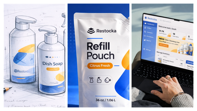 Split image: sketch of dish soap bottles, a citrus fresh refill pouch, and a person using Restocka's website on a laptop.
