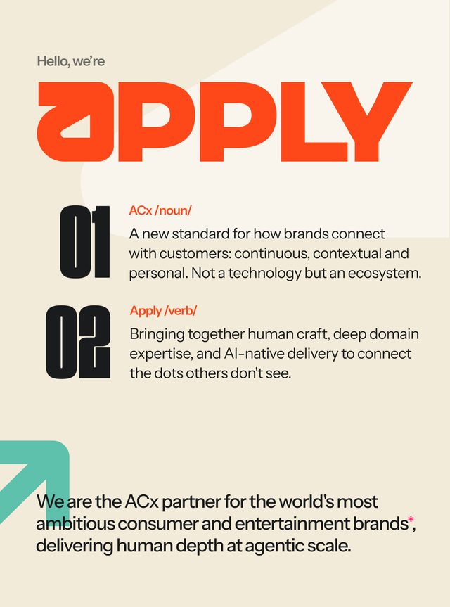 Bold text "APPLY" with descriptions of ACx and Apply. Message about partnership with consumer and entertainment brands at agentic scale.