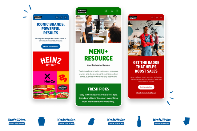 Three mobile phone screens side-by-side showing different Kraft Heinz pages: one for iconic brands, one for menu recipes and resources, and one for a restaurant badge to boost sales.