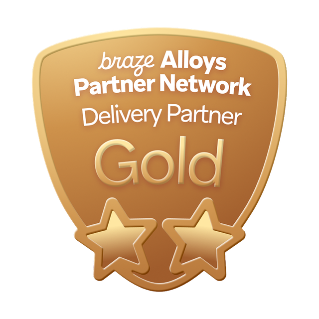 Gold badge with two stars, labeled "Braze Alloys Partner Network, Delivery Partner Gold" on a shield-shaped background.