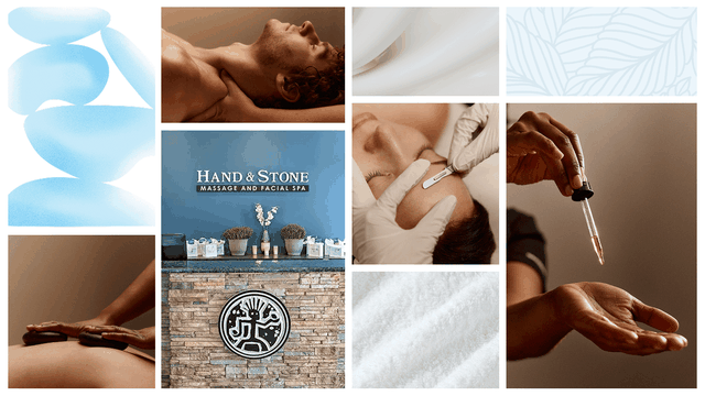 Collage of spa scenes: massages, facial treatments, essential oil dropper, spa products on a counter, and abstract designs.