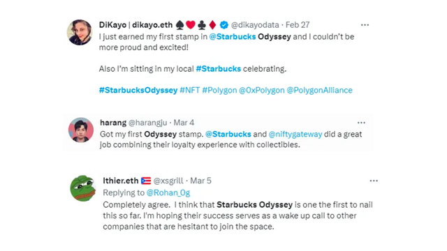 Three tweets praising Starbuck's Odyssey program.