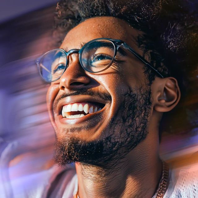 Smiling sports fan man with glasses and a beard, looking upward. Background has a colorful, blurred motion effect.