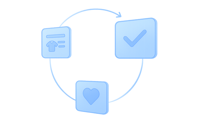 Three blue icons in a circular flow: a shirt with text, a checkmark, and a heart, connected by arrows, symbolizing a process.
