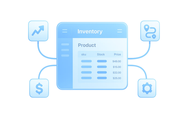 Blue digital inventory dashboard showing product SKUs, stock, and prices, connected to icons for analytics, location, currency, and settings.