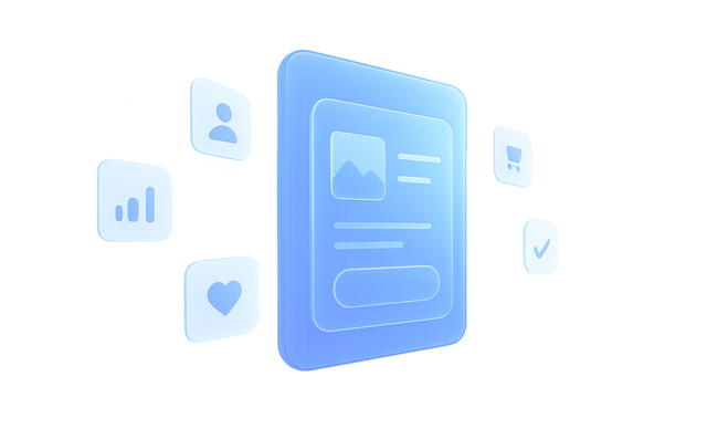 3D illustration of a blue digital interface with icons for user, cart, analytics, heart, and checkmark floating around it.