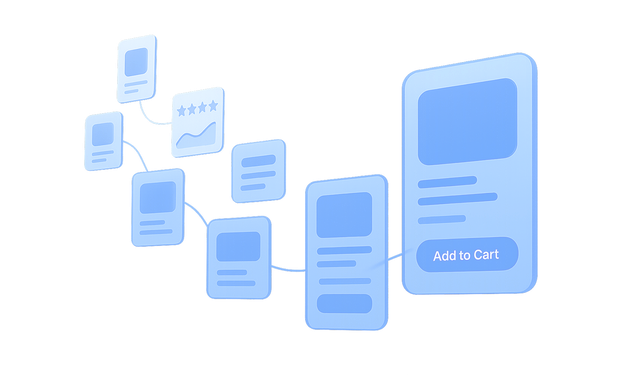 Flowchart depicting a sequence of blue digital cards connected by lines, featuring icons, text, and an "Add to Cart" button.