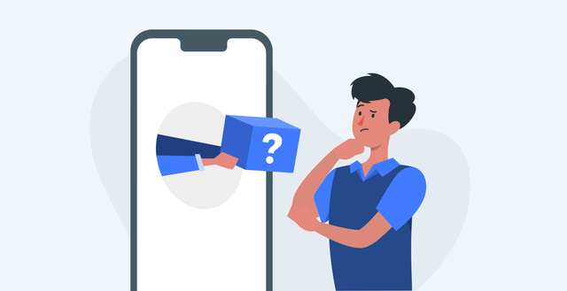 Illustration of a pair of arms coming out of a mobile phone holding a box with a question mark. A man looks at the box with a questioning look.