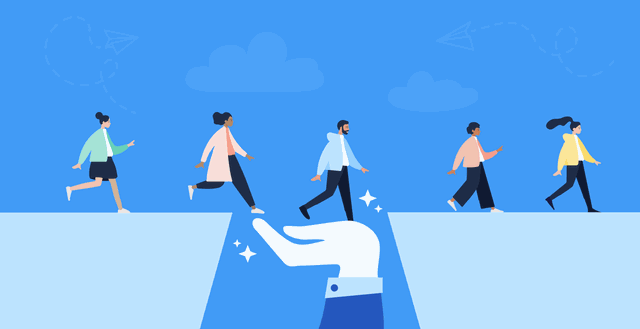 Illustration of people walking across hand filling a gap