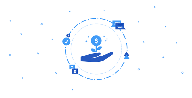 Illustration of a blue hand holding a flower blooming into a dollar sign