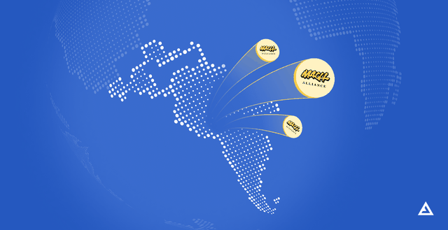 The MACH Alliance badge emerging out of a map of Latin America.