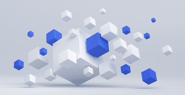 A cluster of different sized three dimensional squares where most of them are white and some of them are blue