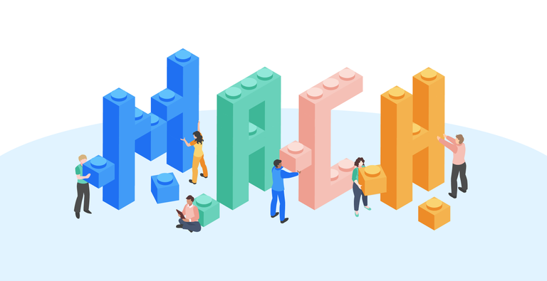 Illustration of people building the word MACH with colored blocks